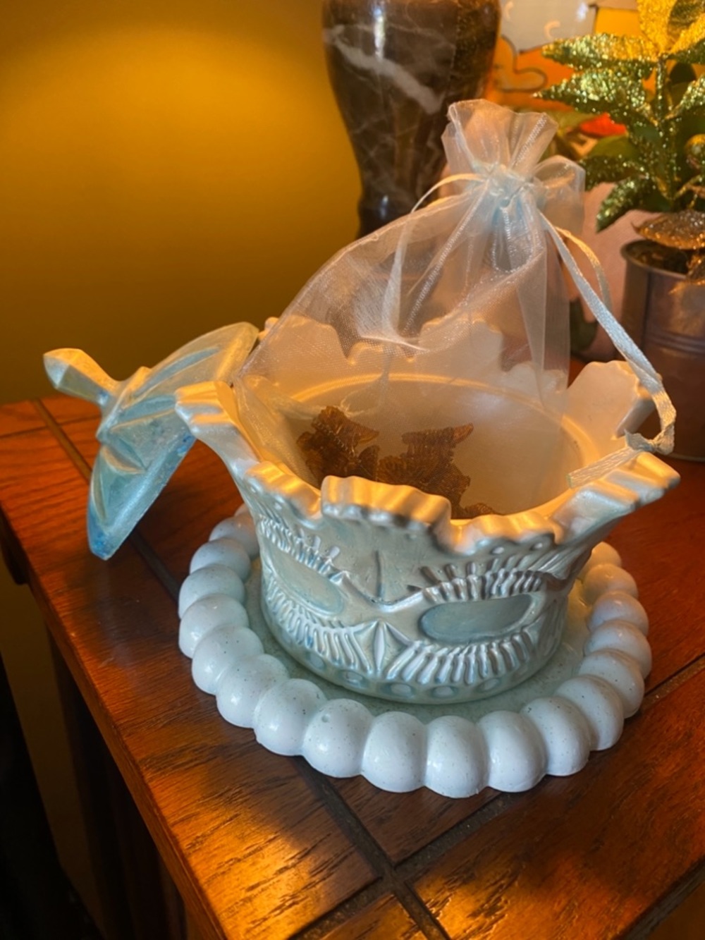 Handmade Vintage Look Three Piece Vanity Set W/Butterfly Hair Clips. Satin Blue